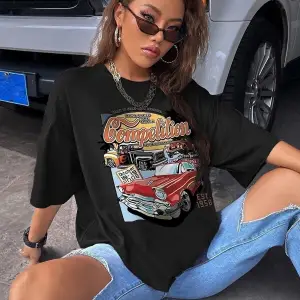 Kadın Siyah Compeltition Baskılı Oversize T-shirt