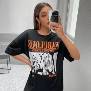 Kadın Siyah Fabulous Baskılı Oversize Bisiklet Yaka Tshirt