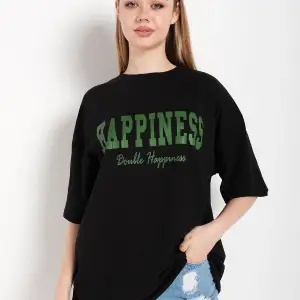 Kadın Siyah Happıness Baskılı Oversize Tshirt