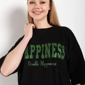Kadın Siyah Happıness Baskılı Oversize Tshirt