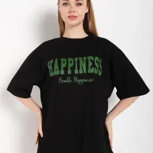 Kadın Siyah Happıness Baskılı Oversize Tshirt