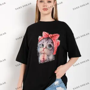 Kadın Siyah Kedi Baskılı Oversize