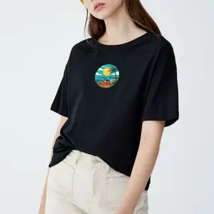 Kadın Siyah Önü Scooter Baskılı Bisiklet Yaka Oversize Pamuklu T-shirt