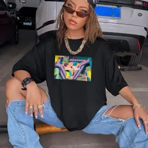 Kadın Siyah Oversize %100 Pamuk Endless Baskılı T-shirt