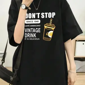 Kadın Siyah Vintage Drink Baskılı Oversize T-shirt