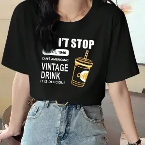 Kadın Siyah Vintage Drink Baskılı Oversize T-shirt