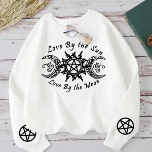 Kadın tişörtü güneş tarafından aşk & ay baskı Hoodies rahat polar yumuşak kazak Loose gevşek