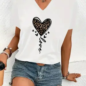 Kadın V yaka Beyaz Siyah T-Shirt Baskılı Oversize