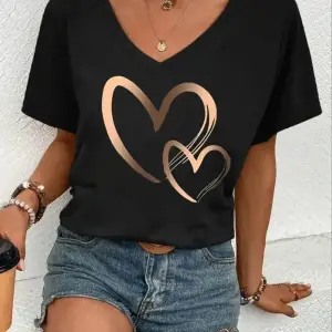 Kadın V yaka Beyaz Siyah T-Shirt Baskılı Oversize