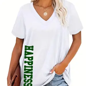 Kadın V yaka Siyah Beyaz Tişört Happiness Baskılı Oversize