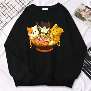 Kadınlar için basit Kawaii kazak Anime kediler yeme japon Ramen erişte baskı Hoodies gevşek s