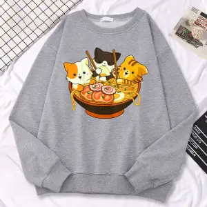 Kadınlar için basit Kawaii kazak Anime kediler yeme japon Ramen erişte baskı Hoodies gevşek s
