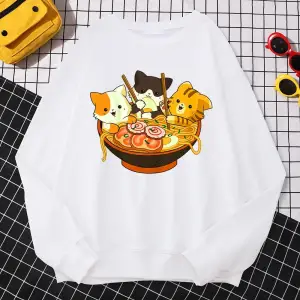 Kadınlar için basit Kawaii kazak Anime kediler yeme japon Ramen erişte baskı Hoodies gevşek s