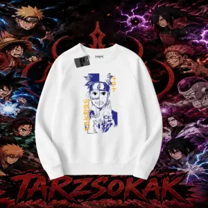 Kakashi Hatake Naruto Anime Karakteri Oversize Unisex Bisiklet Yaka Sweatshirt Beyaz
