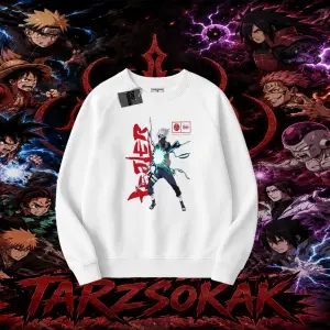 Kakashi Hatake Naruto Anime Karakteri Oversize Unisex Bisiklet Yaka Sweatshirt Beyaz
