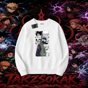 Kakashi Hatake Naruto Anime Karakteri Oversize Unisex Bisiklet Yaka Sweatshirt Beyaz
