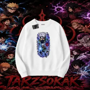 Kakashi Hatake Naruto Anime Karakteri Oversize Unisex Bisiklet Yaka Sweatshirt Beyaz