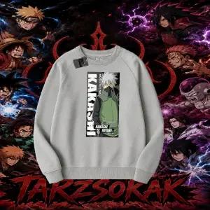Kakashi Hatake Naruto Anime Karakteri Oversize Unisex Bisiklet Yaka Sweatshirt Beyaz