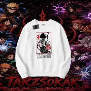 Kakashi Hatake Naruto Anime Karakteri Oversize Unisex Bisiklet Yaka Sweatshirt Beyaz