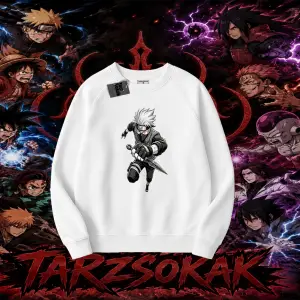 Kakashi Hatake Naruto Anime Karakteri Oversize Unisex Bisiklet Yaka Sweatshirt Beyaz