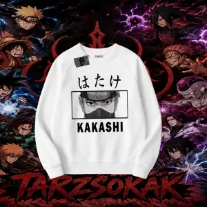 Kakashi Hatake Naruto Anime Karakteri Oversize Unisex Bisiklet Yaka Sweatshirt Beyaz