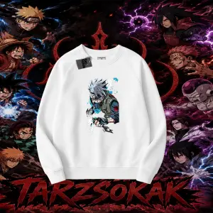 Kakashi Hatake Naruto Anime Karakteri Oversize Unisex Bisiklet Yaka Sweatshirt Beyaz