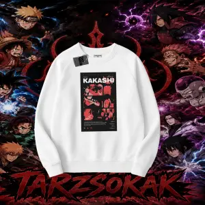 Kakashi Hatake Naruto Anime Karakteri Oversize Unisex Bisiklet Yaka Sweatshirt Beyaz