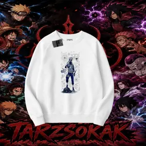 Kakashi Hatake Naruto Anime Karakteri Oversize Unisex Bisiklet Yaka Sweatshirt Beyaz