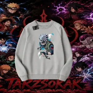 Kakashi Hatake Naruto Anime Karakteri Oversize Unisex Bisiklet Yaka Sweatshirt Beyaz