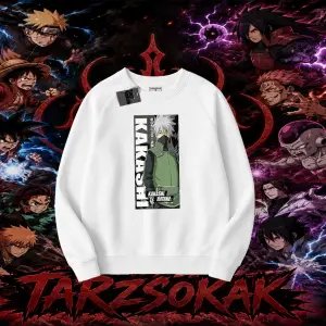 Kakashi Hatake Naruto Anime Karakteri Oversize Unisex Bisiklet Yaka Sweatshirt Beyaz