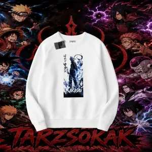 Kakashi Hatake Naruto Anime Karakteri Oversize Unisex Bisiklet Yaka Sweatshirt Beyaz