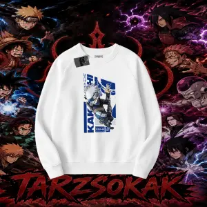 Kakashi Hatake Naruto Anime Karakteri Oversize Unisex Bisiklet Yaka Sweatshirt Beyaz