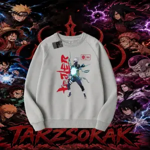 Kakashi Hatake Naruto Anime Karakteri Oversize Unisex Bisiklet Yaka Sweatshirt Beyaz