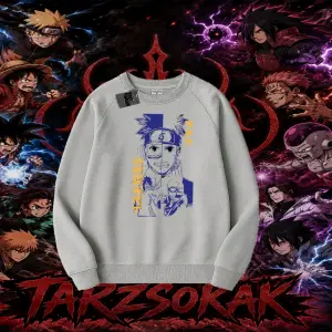Kakashi Hatake Naruto Anime Karakteri Oversize Unisex Bisiklet Yaka Sweatshirt Beyaz