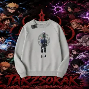 Kakashi Hatake Naruto Anime Karakteri Oversize Unisex Bisiklet Yaka Sweatshirt Beyaz