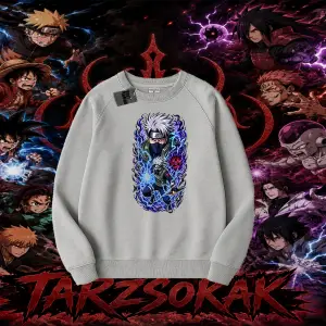 Kakashi Hatake Naruto Anime Karakteri Oversize Unisex Bisiklet Yaka Sweatshirt Beyaz