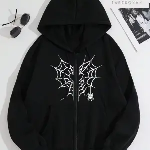 Kalp Ağ Minimal Örümcek Sweatshirt Fermuarlı Hırka Siyah