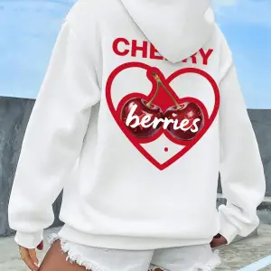 Kalp iki kirazden yapılmış baskılar Hoodie kadın kış polar sıcak kazak rahat cep kazak rahat