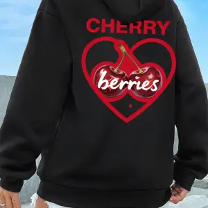 Kalp iki kirazden yapılmış baskılar Hoodie kadın kış polar sıcak kazak rahat cep kazak rahat