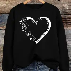 Kalp Şeklinde Kelebek Baskılı Kazak Bayan Bisiklet Yaka Temel Kapüşonlu Üst Bol Polar Sıcak G