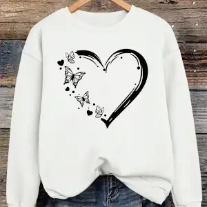 Kalp Şeklinde Kelebek Baskılı Kazak Bayan Bisiklet Yaka Temel Kapüşonlu Üst Bol Polar Sıcak G