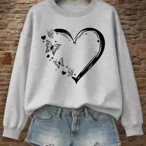 Kalp Şeklinde Kelebek Baskılı Kazak Bayan Bisiklet Yaka Temel Kapüşonlu Üst Bol Polar Sıcak G