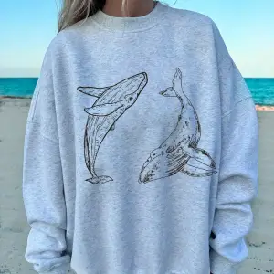 Kambur Balina Baskı Tişörtü Bayan Sonbahar Polar Sıcak Kapüşonlular Crewneck Gevşek Kazaklar