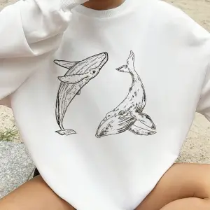 Kambur Balina Baskı Tişörtü Bayan Sonbahar Polar Sıcak Kapüşonlular Crewneck Gevşek Kazaklar