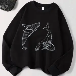 Kambur Balina Baskı Tişörtü Bayan Sonbahar Polar Sıcak Kapüşonlular Crewneck Gevşek Kazaklar