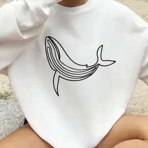 Kambur Balina Baskı Tişörtü Kadın Kış Polar Sıcak Hoodies Crewneck Gevşek Kazak Temelleri Rah