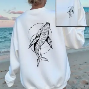 Kambur Balina Baskı Tişörtü Kadın Rahat Bisiklet Yaka Kapüşonlular Kış Polar Sıcak Kazak Gevş