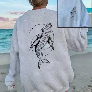 Kambur Balina Baskı Tişörtü Kadın Rahat Bisiklet Yaka Kapüşonlular Kış Polar Sıcak Kazak Gevş