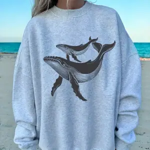 Kambur Balinalar Baskılar Tişörtü Bayan Polar Sıcak Sportif Hoodie Crewneck Gevşek Kazak Sonb