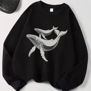 Kambur Balinalar Baskılar Tişörtü Bayan Polar Sıcak Sportif Hoodie Crewneck Gevşek Kazak Sonb